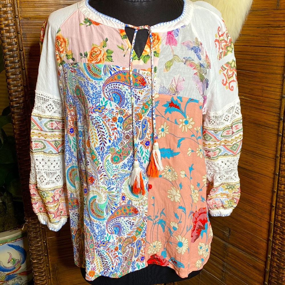 Jon Mark Patchwork Boho Top W Embroidered Lace Sl… - image 1